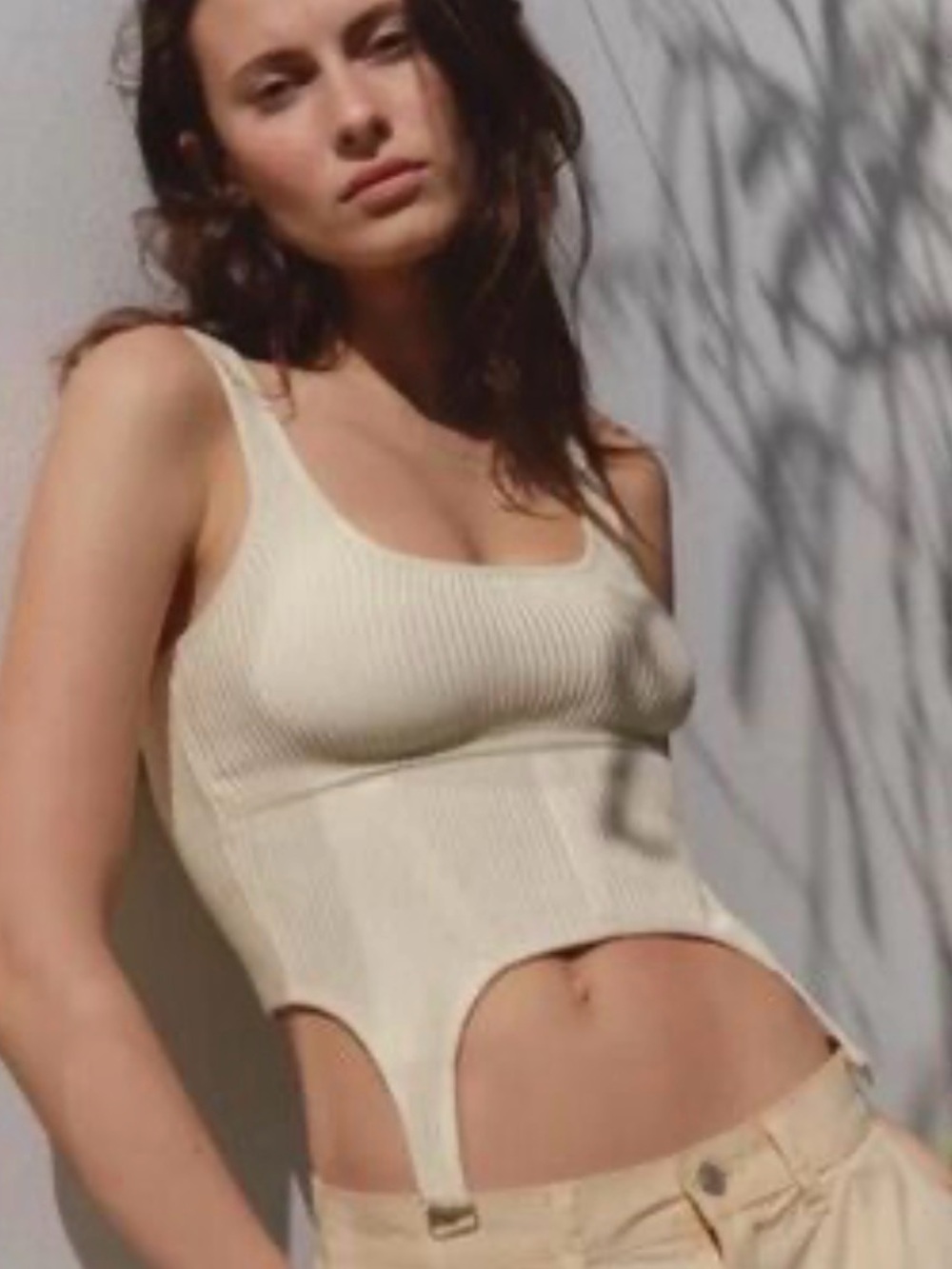 Zara Cream Ribbed Top with Strap Hem